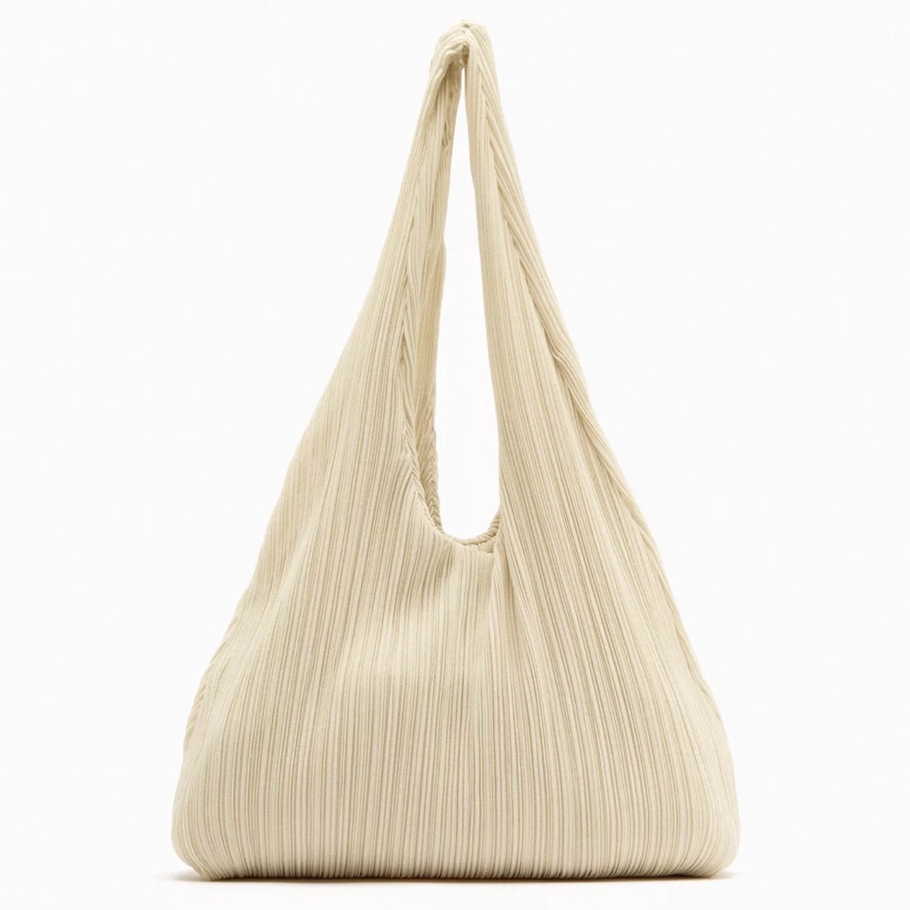 Zara Woman’s Pleated Bucket Bag Purse Tote Ivory Cream